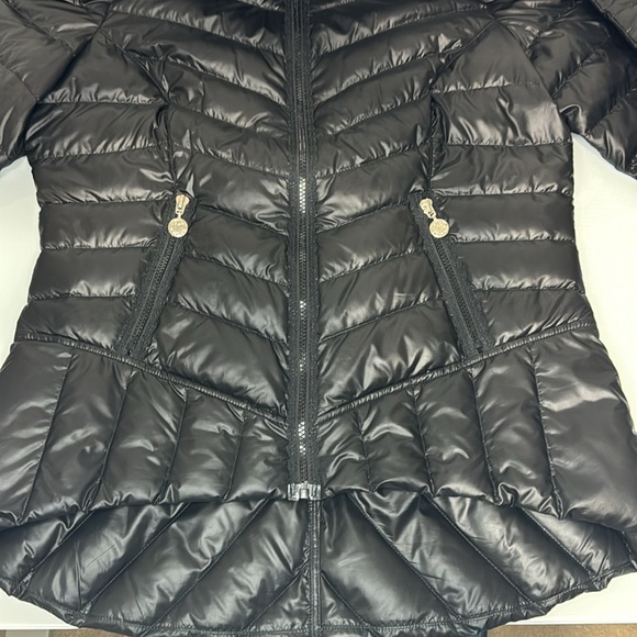 Betsy Johnson matte black puffer jacket with lace trim L - Picture 7 of 13